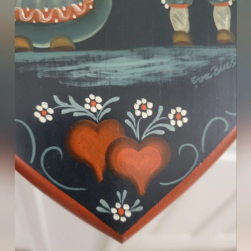 Dutch Folk Art Painted Couple Wooden Heart Plaque
